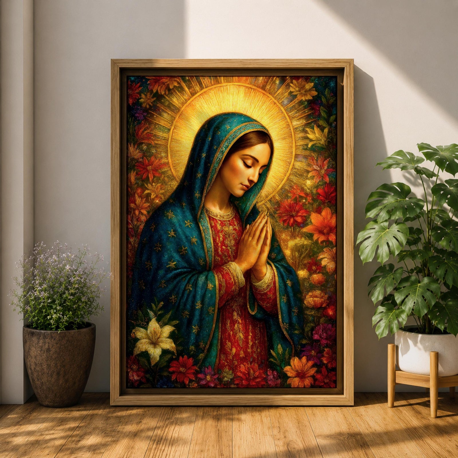 Devotional illustration of Our Lady of Guadalupe also known as La Guadalupana standing with hands clasped in prayer, wearing a rose colored gown and a teal mantle covered with gold stars, surrounded by radiant golden rays with a small angel beneath her, rendered with warm tones and soft shading in traditional Mexican Catholic icon style.