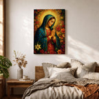 Devotional illustration of Our Lady of Guadalupe also known as La Guadalupana standing with hands clasped in prayer, wearing a rose colored gown and a teal mantle covered with gold stars, surrounded by radiant golden rays with a small angel beneath her, rendered with warm tones and soft shading in traditional Mexican Catholic icon style.