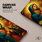 Devotional illustration of Our Lady of Guadalupe also known as La Guadalupana standing with hands clasped in prayer, wearing a rose colored gown and a teal mantle covered with gold stars, surrounded by radiant golden rays with a small angel beneath her, rendered with warm tones and soft shading in traditional Mexican Catholic icon style.