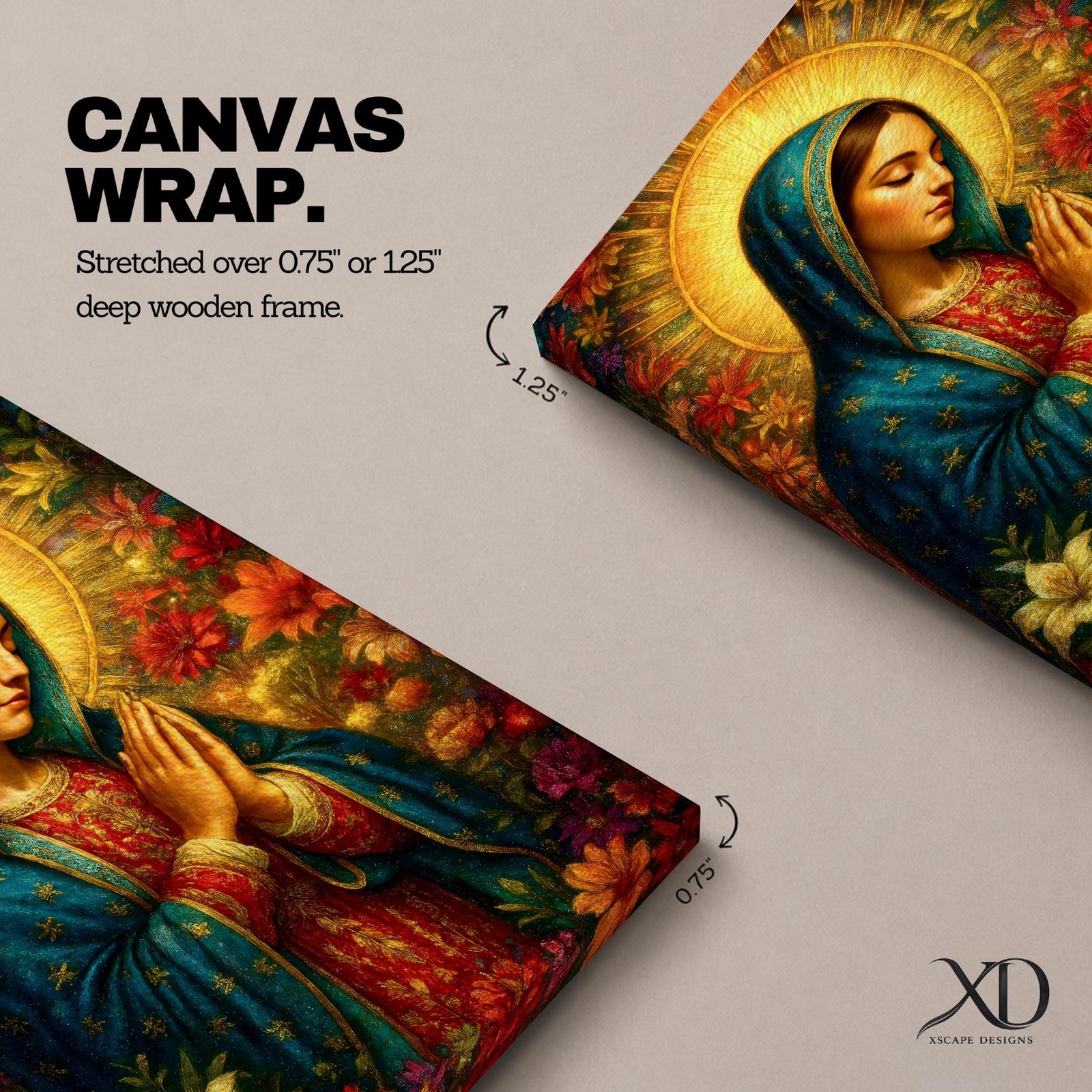 Devotional illustration of Our Lady of Guadalupe also known as La Guadalupana standing with hands clasped in prayer, wearing a rose colored gown and a teal mantle covered with gold stars, surrounded by radiant golden rays with a small angel beneath her, rendered with warm tones and soft shading in traditional Mexican Catholic icon style.
