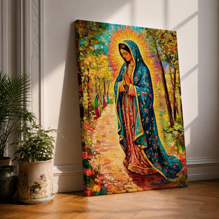 Illustration of the Lady of Guadalupe also known as La Virgen Morena standing with hands clasped in prayer, wearing a rose colored gown and a teal mantle covered with gold stars, surrounded by radiant golden rays and decorative floral elements with a small angel beneath her, rendered with warm tones and soft shading in Mexican Catholic devotional style.