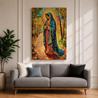 Illustration of the Lady of Guadalupe also known as La Virgen Morena standing with hands clasped in prayer, wearing a rose colored gown and a teal mantle covered with gold stars, surrounded by radiant golden rays and decorative floral elements with a small angel beneath her, rendered with warm tones and soft shading in Mexican Catholic devotional style.