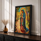 Illustration of the Lady of Guadalupe also known as La Virgen Morena standing with hands clasped in prayer, wearing a rose colored gown and a teal mantle covered with gold stars, surrounded by radiant golden rays and decorative floral elements with a small angel beneath her, rendered with warm tones and soft shading in Mexican Catholic devotional style.