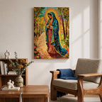 Illustration of the Lady of Guadalupe also known as La Virgen Morena standing with hands clasped in prayer, wearing a rose colored gown and a teal mantle covered with gold stars, surrounded by radiant golden rays and decorative floral elements with a small angel beneath her, rendered with warm tones and soft shading in Mexican Catholic devotional style.