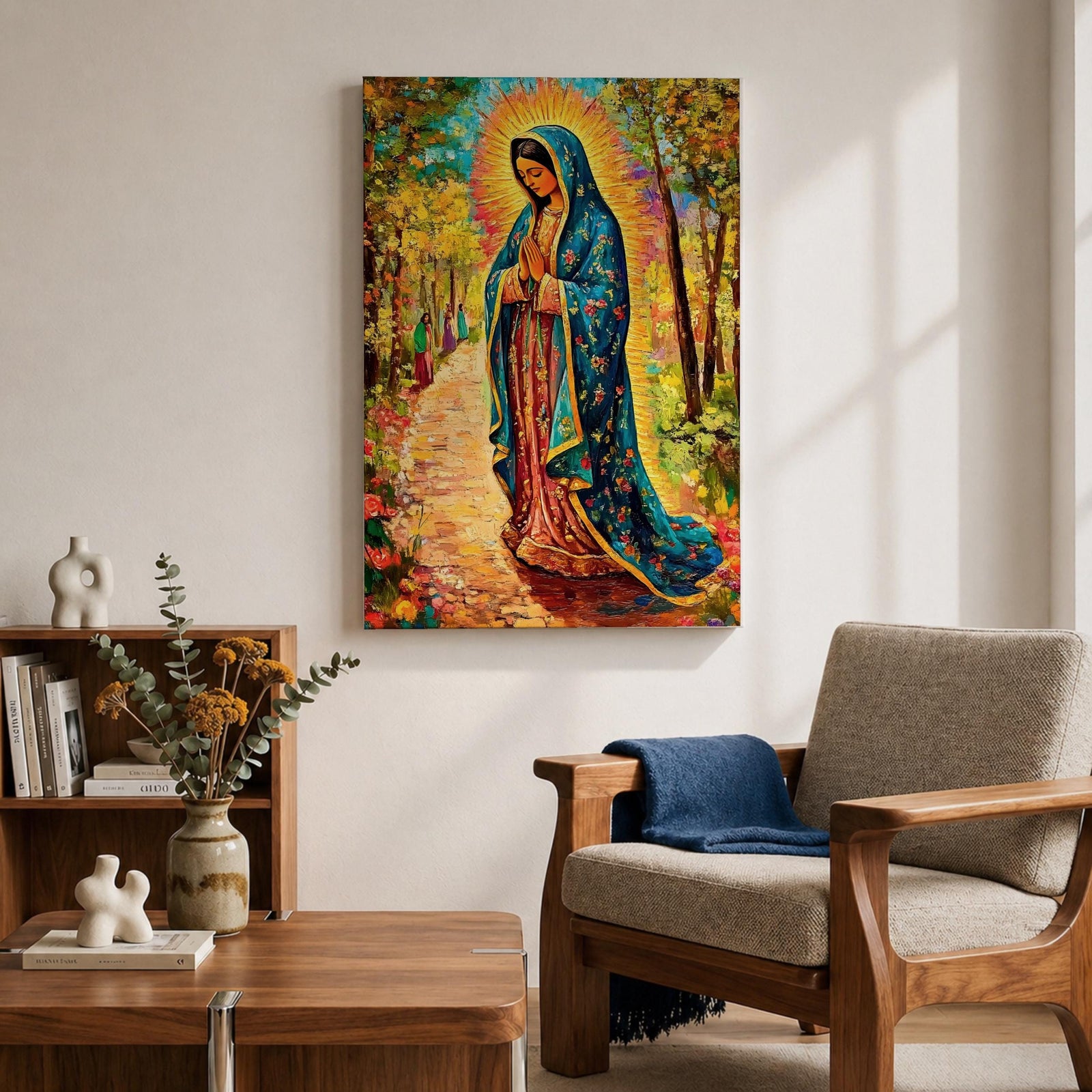 Illustration of the Lady of Guadalupe also known as La Virgen Morena standing with hands clasped in prayer, wearing a rose colored gown and a teal mantle covered with gold stars, surrounded by radiant golden rays and decorative floral elements with a small angel beneath her, rendered with warm tones and soft shading in Mexican Catholic devotional style.