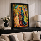 Illustration of the Lady of Guadalupe also known as La Virgen Morena standing with hands clasped in prayer, wearing a rose colored gown and a teal mantle covered with gold stars, surrounded by radiant golden rays and decorative floral elements with a small angel beneath her, rendered with warm tones and soft shading in Mexican Catholic devotional style.