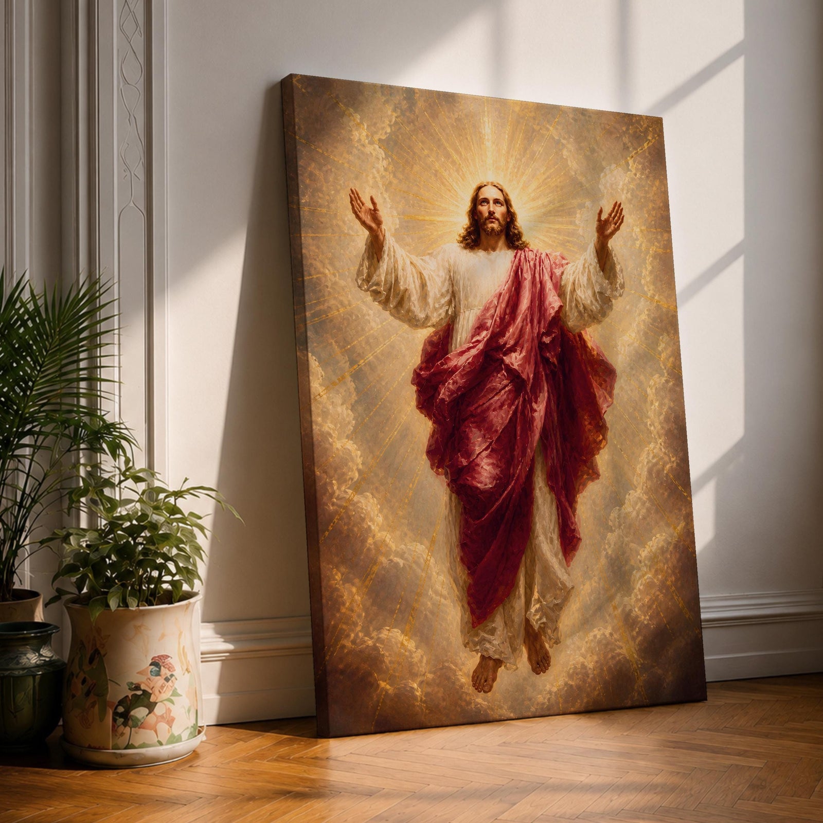 Jesus Christ wall art depicting the risen Savior ascending amid radiant heavenly light and clouds. With arms outstretched and surrounded by golden rays, this inspiring Christian artwork symbolizes resurrection, redemption, faith, hope, and divine glory.