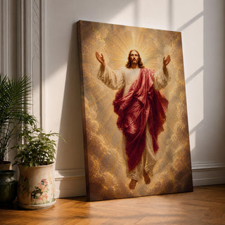 Jesus Christ wall art depicting the risen Savior ascending amid radiant heavenly light and clouds. With arms outstretched and surrounded by golden rays, this inspiring Christian artwork symbolizes resurrection, redemption, faith, hope, and divine glory.