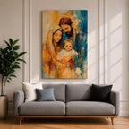 Devotional illustration of the Holy Family in a nativity scene showing the newborn Jesus resting near Mary and Joseph, the figures gathered closely in a tender composition with gentle expressions and flowing robes, rendered with warm tones and soft shading in a traditional Christian depiction of the birth of Christ.