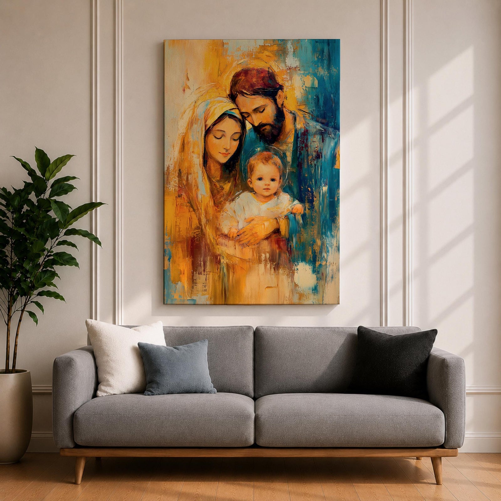 Devotional illustration of the Holy Family in a nativity scene showing the newborn Jesus resting near Mary and Joseph, the figures gathered closely in a tender composition with gentle expressions and flowing robes, rendered with warm tones and soft shading in a traditional Christian depiction of the birth of Christ.