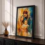 Devotional illustration of the Holy Family in a nativity scene showing the newborn Jesus resting near Mary and Joseph, the figures gathered closely in a tender composition with gentle expressions and flowing robes, rendered with warm tones and soft shading in a traditional Christian depiction of the birth of Christ.