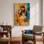 Devotional illustration of the Holy Family in a nativity scene showing the newborn Jesus resting near Mary and Joseph, the figures gathered closely in a tender composition with gentle expressions and flowing robes, rendered with warm tones and soft shading in a traditional Christian depiction of the birth of Christ.