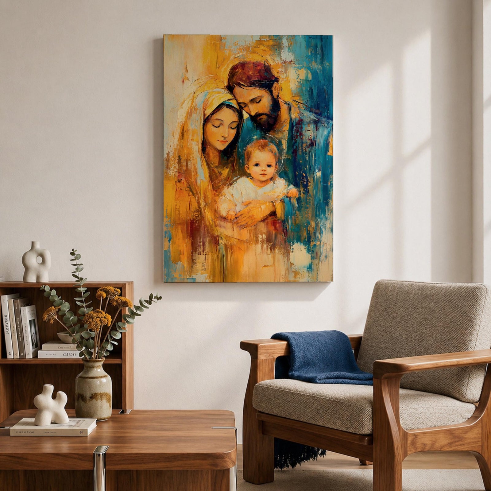 Devotional illustration of the Holy Family in a nativity scene showing the newborn Jesus resting near Mary and Joseph, the figures gathered closely in a tender composition with gentle expressions and flowing robes, rendered with warm tones and soft shading in a traditional Christian depiction of the birth of Christ.