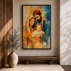 Devotional illustration of the Holy Family in a nativity scene showing the newborn Jesus resting near Mary and Joseph, the figures gathered closely in a tender composition with gentle expressions and flowing robes, rendered with warm tones and soft shading in a traditional Christian depiction of the birth of Christ.
