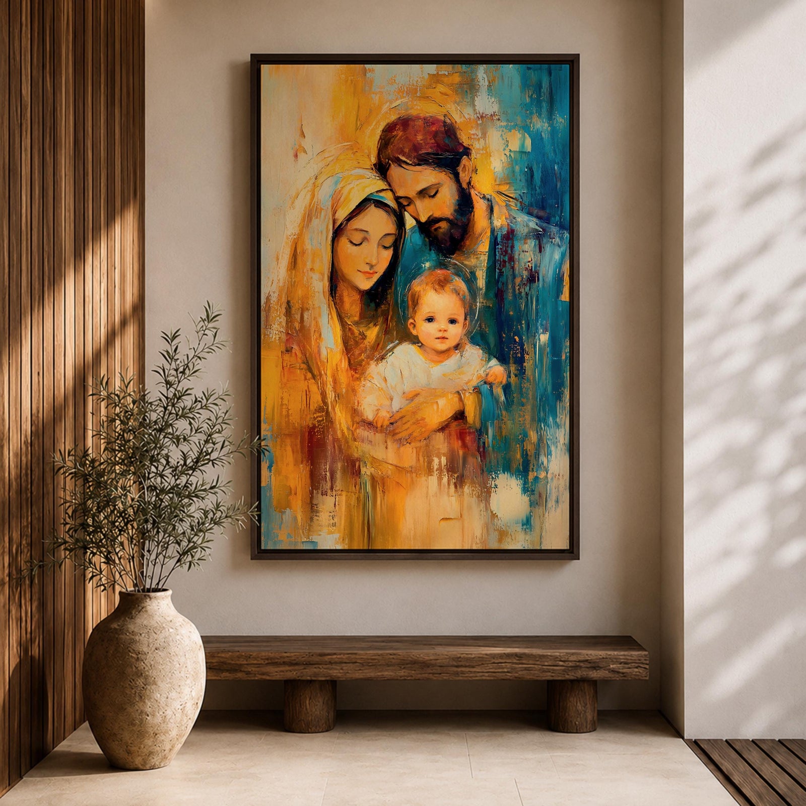Devotional illustration of the Holy Family in a nativity scene showing the newborn Jesus resting near Mary and Joseph, the figures gathered closely in a tender composition with gentle expressions and flowing robes, rendered with warm tones and soft shading in a traditional Christian depiction of the birth of Christ.
