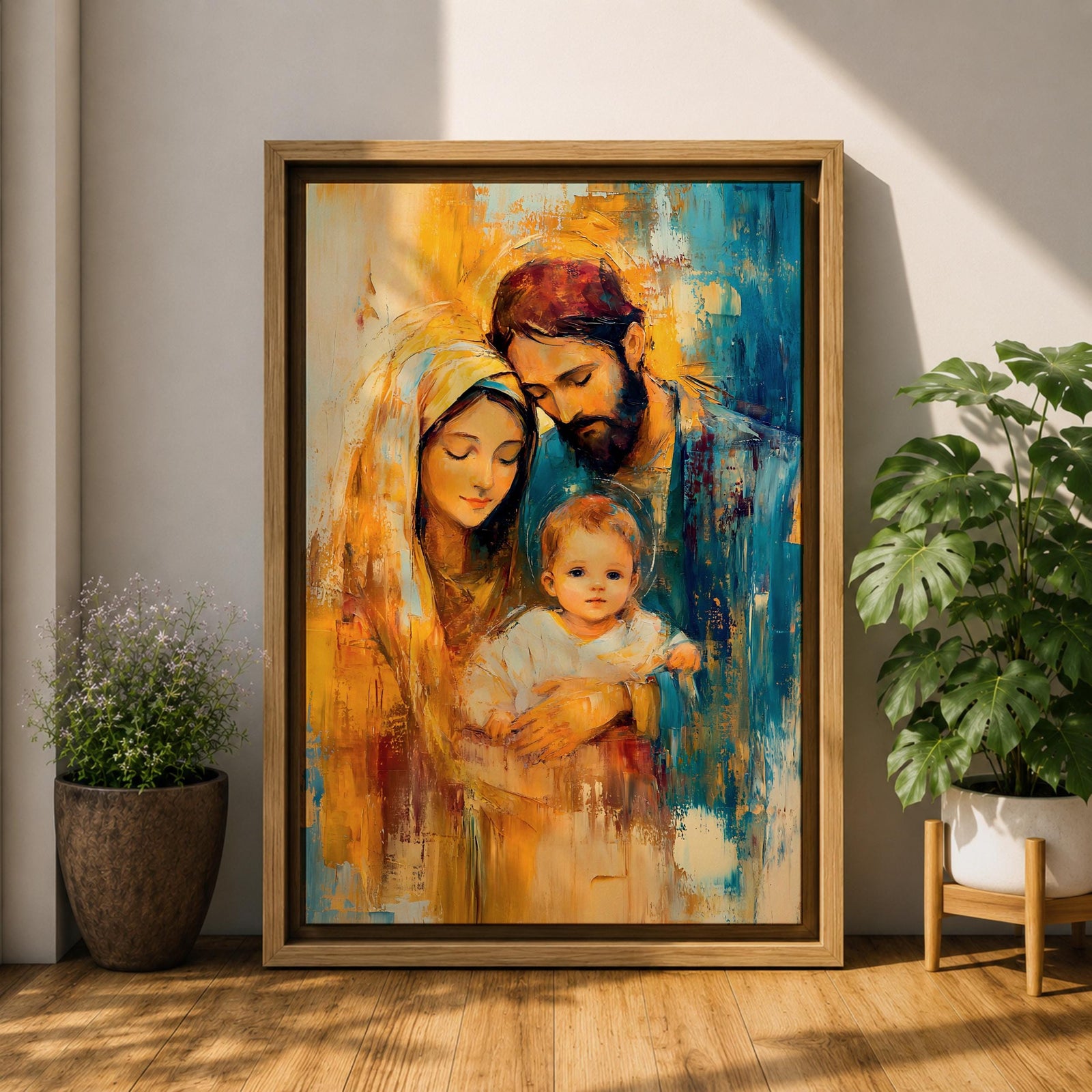 Devotional illustration of the Holy Family in a nativity scene showing the newborn Jesus resting near Mary and Joseph, the figures gathered closely in a tender composition with gentle expressions and flowing robes, rendered with warm tones and soft shading in a traditional Christian depiction of the birth of Christ.