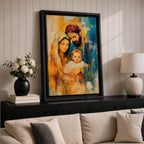 Devotional illustration of the Holy Family in a nativity scene showing the newborn Jesus resting near Mary and Joseph, the figures gathered closely in a tender composition with gentle expressions and flowing robes, rendered with warm tones and soft shading in a traditional Christian depiction of the birth of Christ.