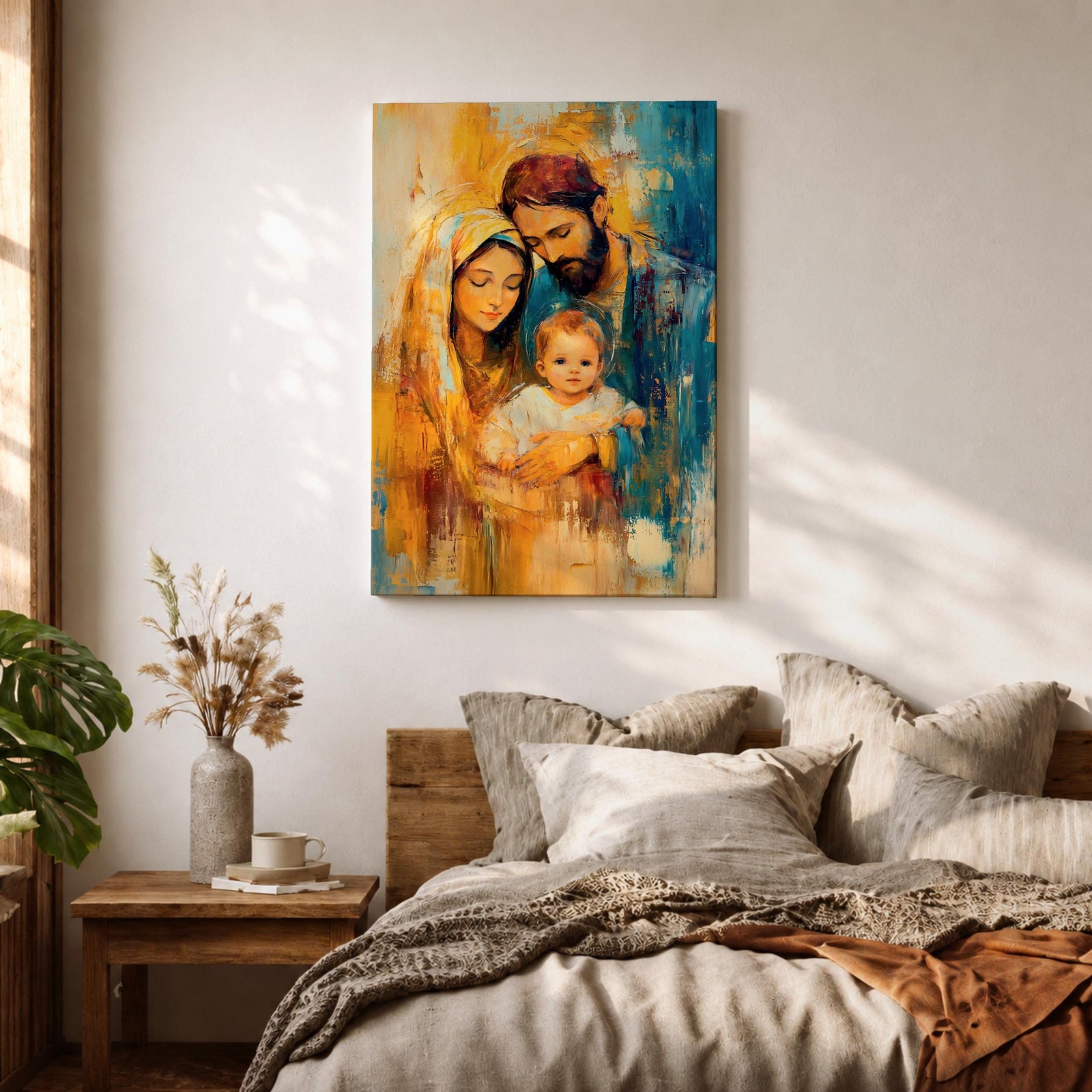 Devotional illustration of the Holy Family in a nativity scene showing the newborn Jesus resting near Mary and Joseph, the figures gathered closely in a tender composition with gentle expressions and flowing robes, rendered with warm tones and soft shading in a traditional Christian depiction of the birth of Christ.