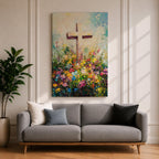 Christian cross illustrated with abundant floral elements wrapping around the wooden cross structure, accompanied by the phrase He Is Risen, rendered with soft light and balanced composition that emphasizes resurrection symbolism, with delicate blossoms and foliage creating a hopeful Easter themed Christian devotional artwork.