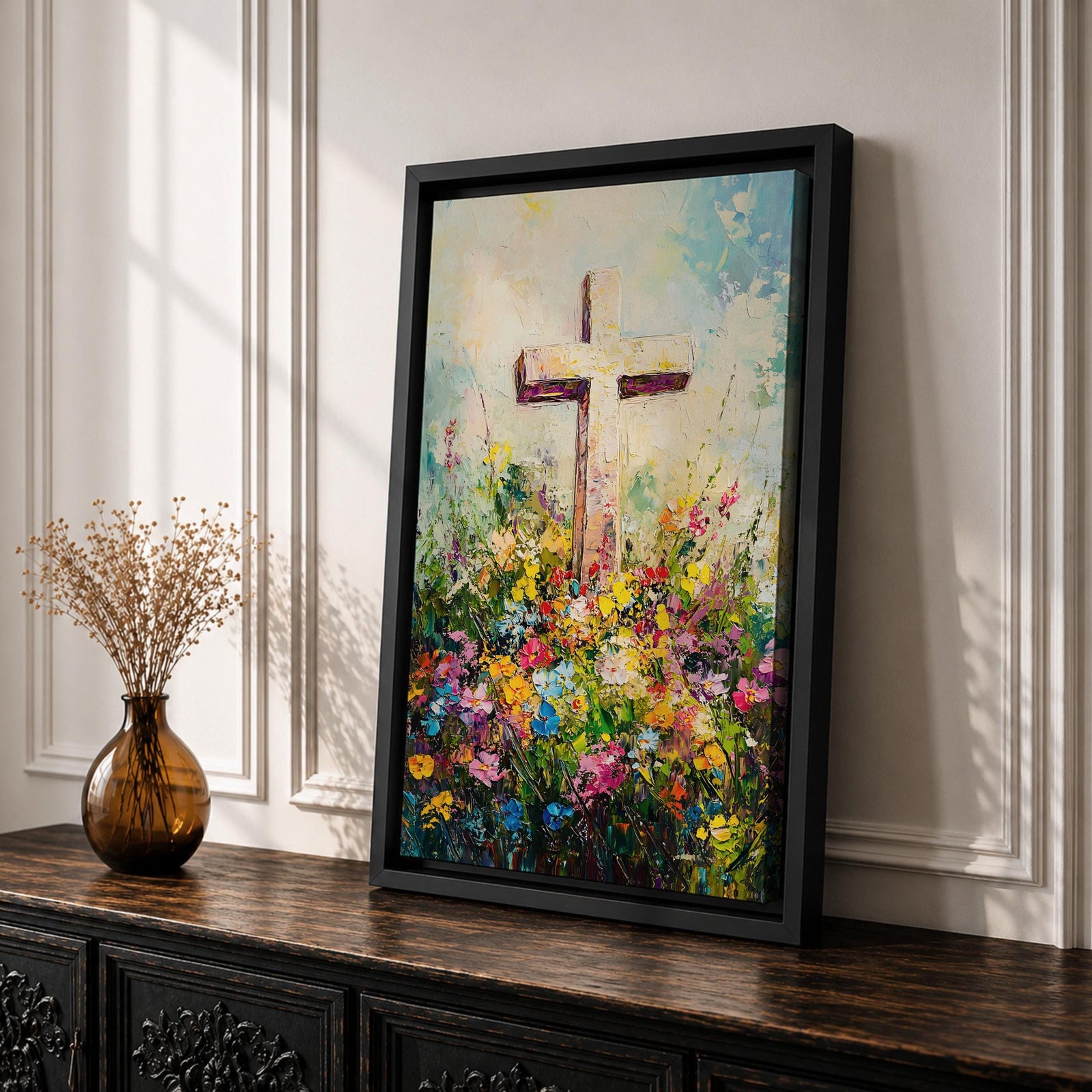 Christian cross illustrated with abundant floral elements wrapping around the wooden cross structure, accompanied by the phrase He Is Risen, rendered with soft light and balanced composition that emphasizes resurrection symbolism, with delicate blossoms and foliage creating a hopeful Easter themed Christian devotional artwork.