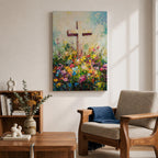 Christian cross illustrated with abundant floral elements wrapping around the wooden cross structure, accompanied by the phrase He Is Risen, rendered with soft light and balanced composition that emphasizes resurrection symbolism, with delicate blossoms and foliage creating a hopeful Easter themed Christian devotional artwork.