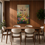 Christian cross illustrated with abundant floral elements wrapping around the wooden cross structure, accompanied by the phrase He Is Risen, rendered with soft light and balanced composition that emphasizes resurrection symbolism, with delicate blossoms and foliage creating a hopeful Easter themed Christian devotional artwork.
