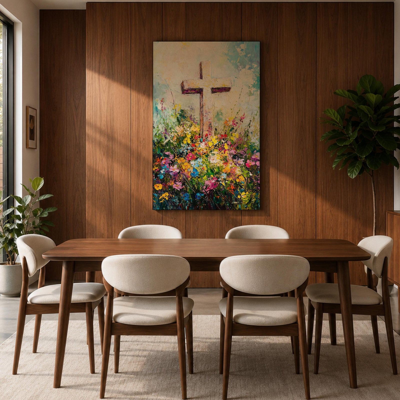 Christian cross illustrated with abundant floral elements wrapping around the wooden cross structure, accompanied by the phrase He Is Risen, rendered with soft light and balanced composition that emphasizes resurrection symbolism, with delicate blossoms and foliage creating a hopeful Easter themed Christian devotional artwork.