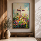 Christian cross illustrated with abundant floral elements wrapping around the wooden cross structure, accompanied by the phrase He Is Risen, rendered with soft light and balanced composition that emphasizes resurrection symbolism, with delicate blossoms and foliage creating a hopeful Easter themed Christian devotional artwork.