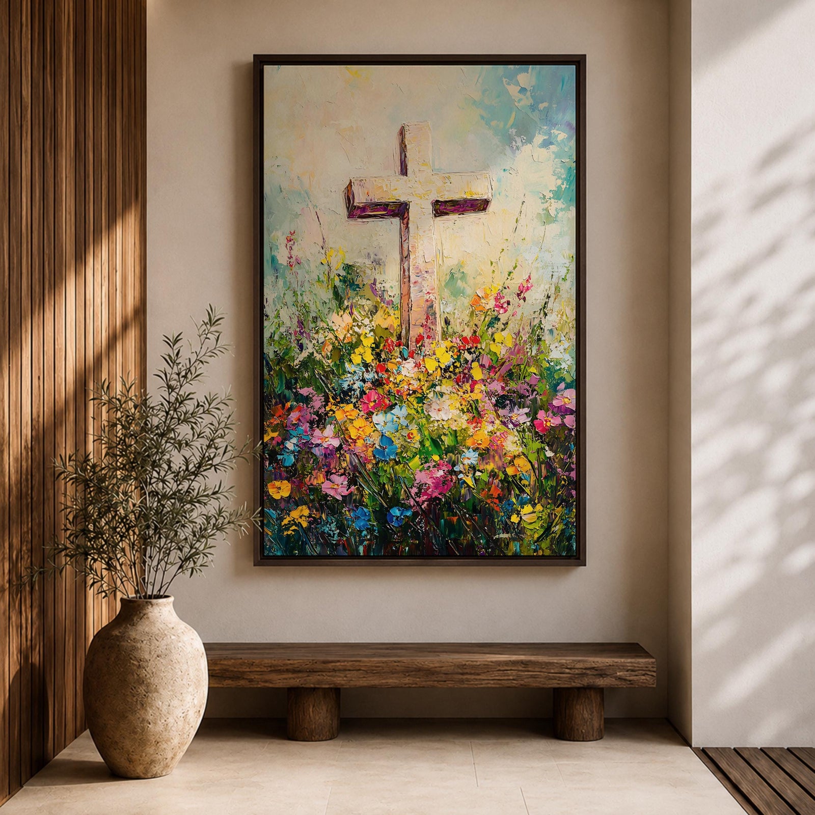 Christian cross illustrated with abundant floral elements wrapping around the wooden cross structure, accompanied by the phrase He Is Risen, rendered with soft light and balanced composition that emphasizes resurrection symbolism, with delicate blossoms and foliage creating a hopeful Easter themed Christian devotional artwork.