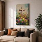 Christian cross illustrated with abundant floral elements wrapping around the wooden cross structure, accompanied by the phrase He Is Risen, rendered with soft light and balanced composition that emphasizes resurrection symbolism, with delicate blossoms and foliage creating a hopeful Easter themed Christian devotional artwork.
