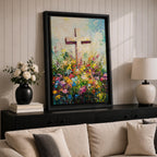 Christian cross illustrated with abundant floral elements wrapping around the wooden cross structure, accompanied by the phrase He Is Risen, rendered with soft light and balanced composition that emphasizes resurrection symbolism, with delicate blossoms and foliage creating a hopeful Easter themed Christian devotional artwork.