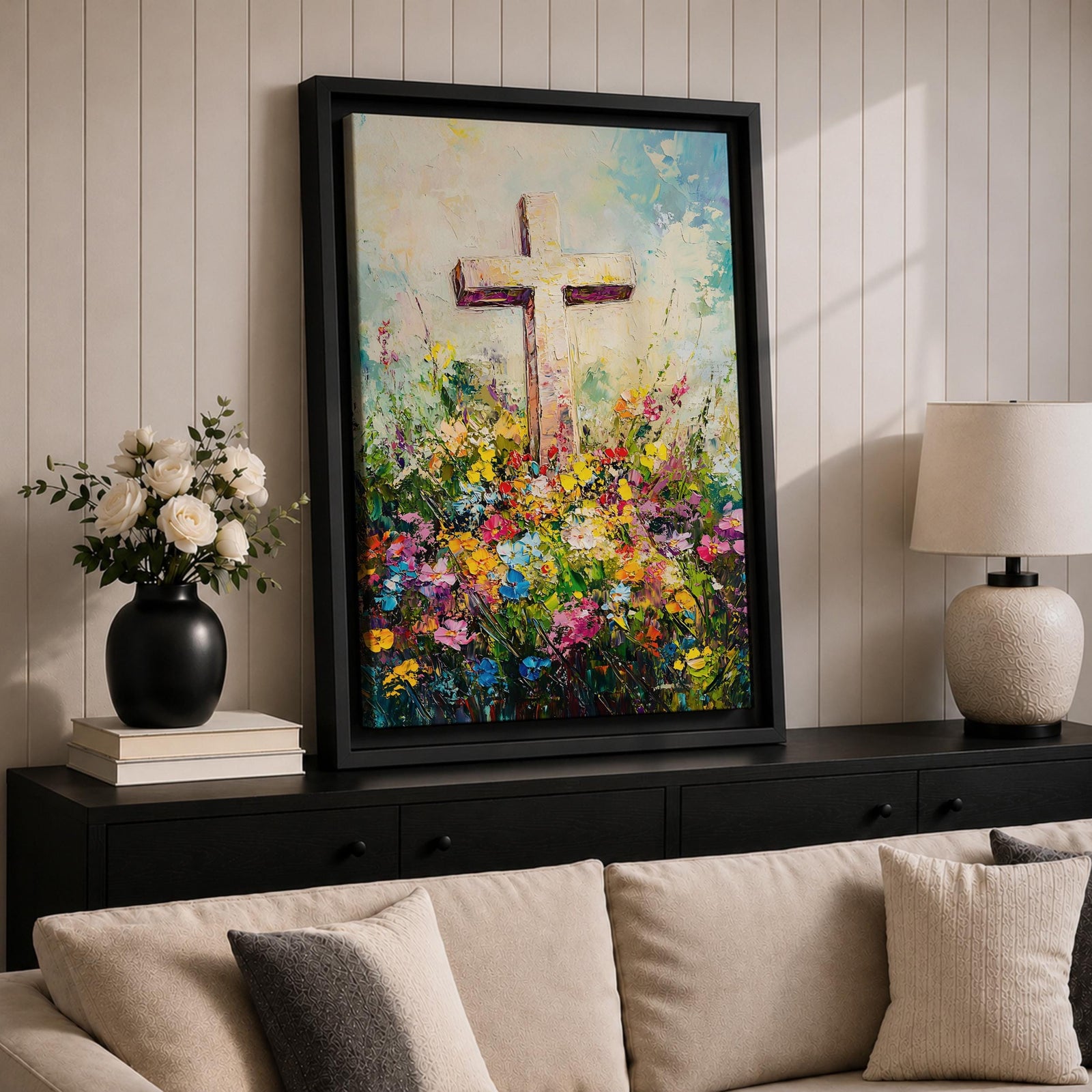 Christian cross illustrated with abundant floral elements wrapping around the wooden cross structure, accompanied by the phrase He Is Risen, rendered with soft light and balanced composition that emphasizes resurrection symbolism, with delicate blossoms and foliage creating a hopeful Easter themed Christian devotional artwork.