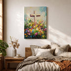 Christian cross illustrated with abundant floral elements wrapping around the wooden cross structure, accompanied by the phrase He Is Risen, rendered with soft light and balanced composition that emphasizes resurrection symbolism, with delicate blossoms and foliage creating a hopeful Easter themed Christian devotional artwork.