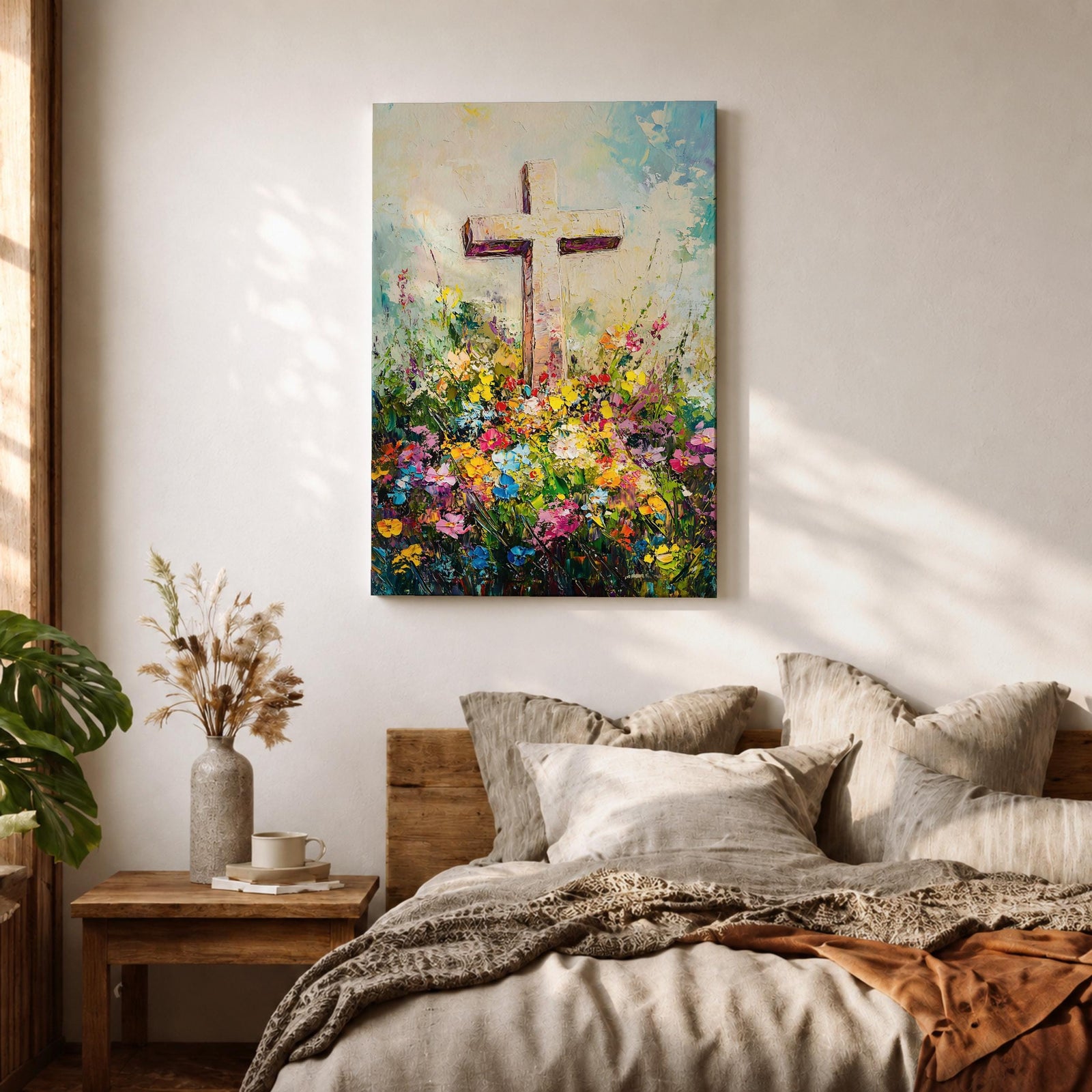 Christian cross illustrated with abundant floral elements wrapping around the wooden cross structure, accompanied by the phrase He Is Risen, rendered with soft light and balanced composition that emphasizes resurrection symbolism, with delicate blossoms and foliage creating a hopeful Easter themed Christian devotional artwork.