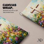 Christian cross illustrated with abundant floral elements wrapping around the wooden cross structure, accompanied by the phrase He Is Risen, rendered with soft light and balanced composition that emphasizes resurrection symbolism, with delicate blossoms and foliage creating a hopeful Easter themed Christian devotional artwork.