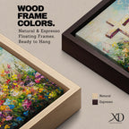 Christian cross illustrated with abundant floral elements wrapping around the wooden cross structure, accompanied by the phrase He Is Risen, rendered with soft light and balanced composition that emphasizes resurrection symbolism, with delicate blossoms and foliage creating a hopeful Easter themed Christian devotional artwork.