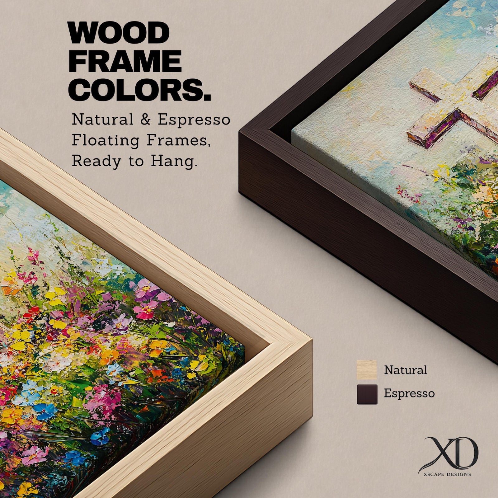 Christian cross illustrated with abundant floral elements wrapping around the wooden cross structure, accompanied by the phrase He Is Risen, rendered with soft light and balanced composition that emphasizes resurrection symbolism, with delicate blossoms and foliage creating a hopeful Easter themed Christian devotional artwork.