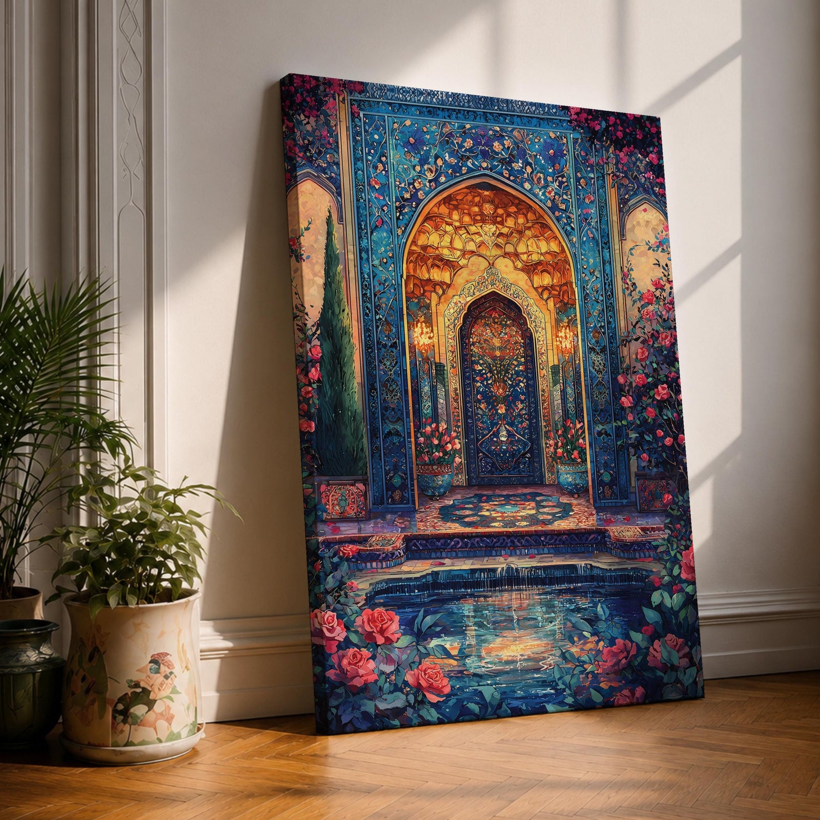 Ornate Persian-style archway with intricate blue mosaic tilework surrounding a glowing interior doorway, framed by floral vines and garden elements with roses and a reflecting pool in the foreground, evoking the decorative beauty and symmetry of traditional Islamic courtyard architecture.