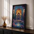 Ornate Persian-style archway with intricate blue mosaic tilework surrounding a glowing interior doorway, framed by floral vines and garden elements with roses and a reflecting pool in the foreground, evoking the decorative beauty and symmetry of traditional Islamic courtyard architecture.