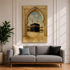 A textured painting of the Kaaba at Masjid Al Haram in Mecca framed by an ornate stone mosque archway, showing the sacred courtyard and surrounding colonnades beneath a bright blue sky with soft clouds, capturing the spiritual focal point of Islamic pilgrimage and the holy site of Hajj.