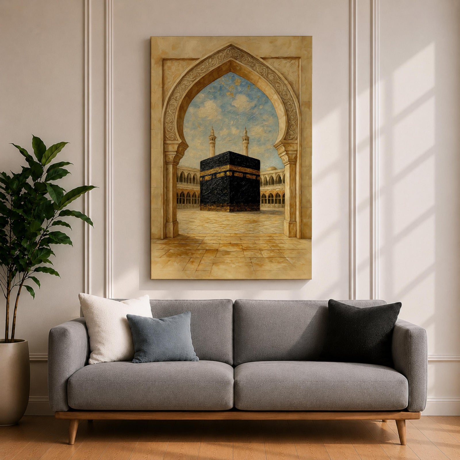 A textured painting of the Kaaba at Masjid Al Haram in Mecca framed by an ornate stone mosque archway, showing the sacred courtyard and surrounding colonnades beneath a bright blue sky with soft clouds, capturing the spiritual focal point of Islamic pilgrimage and the holy site of Hajj.