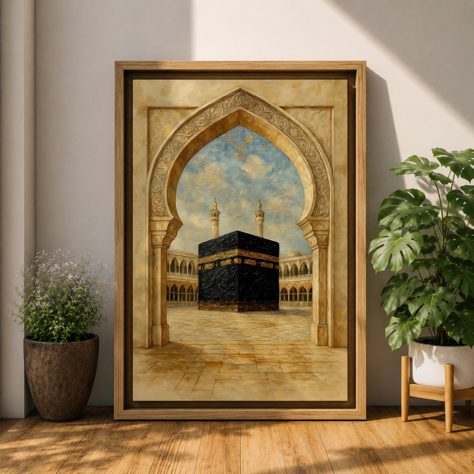 A textured painting of the Kaaba at Masjid Al Haram in Mecca framed by an ornate stone mosque archway, showing the sacred courtyard and surrounding colonnades beneath a bright blue sky with soft clouds, capturing the spiritual focal point of Islamic pilgrimage and the holy site of Hajj.