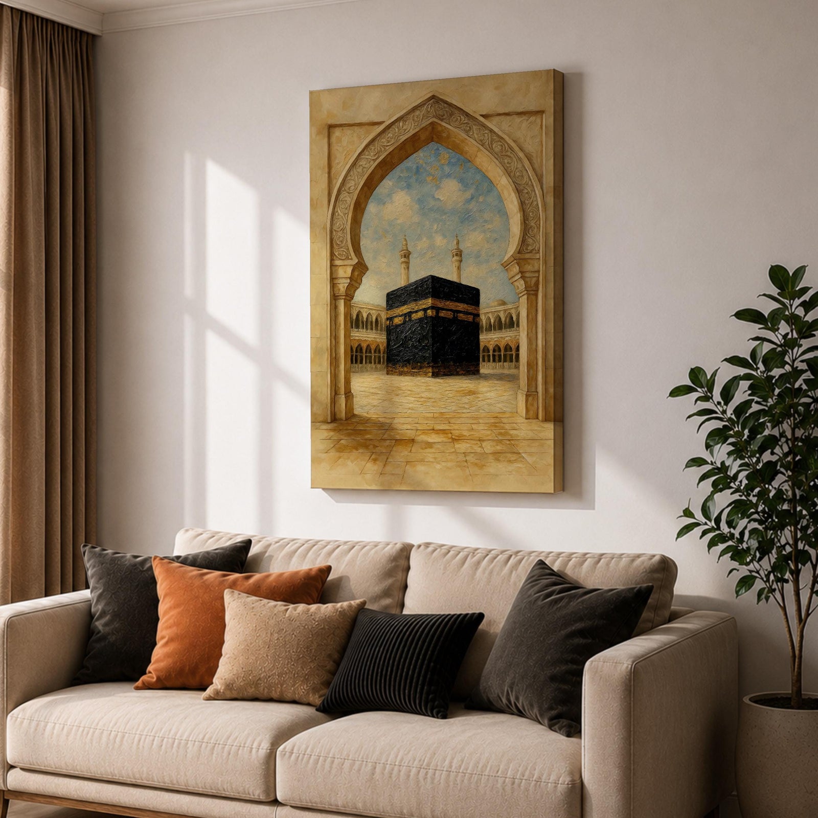 A textured painting of the Kaaba at Masjid Al Haram in Mecca framed by an ornate stone mosque archway, showing the sacred courtyard and surrounding colonnades beneath a bright blue sky with soft clouds, capturing the spiritual focal point of Islamic pilgrimage and the holy site of Hajj.