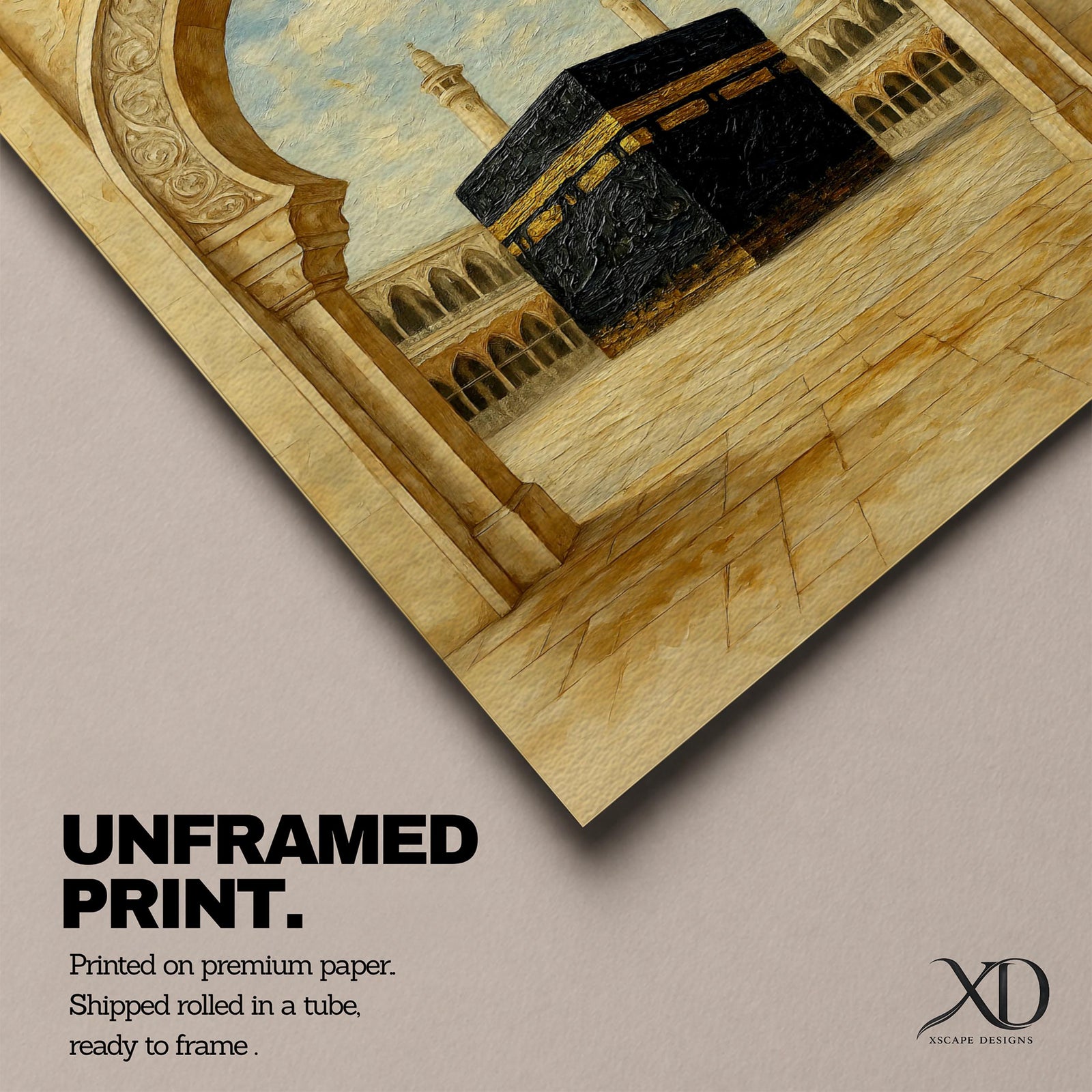A textured painting of the Kaaba at Masjid Al Haram in Mecca framed by an ornate stone mosque archway, showing the sacred courtyard and surrounding colonnades beneath a bright blue sky with soft clouds, capturing the spiritual focal point of Islamic pilgrimage and the holy site of Hajj.