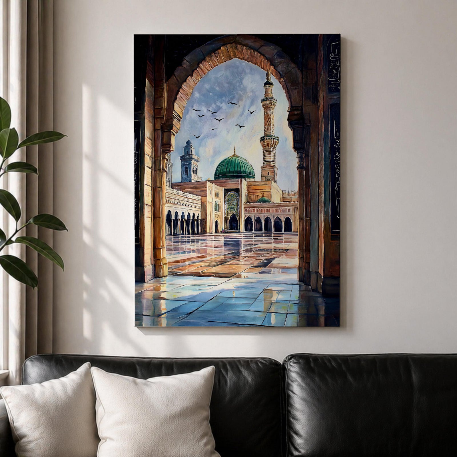 Painting of Masjid Nabawi in Medina seen through a grand stone archway, showing the iconic green dome, tall minaret, and reflective marble courtyard with birds flying above the sacred Prophet’s Mosque and detailed Islamic architectural arches framing the serene mosque complex.