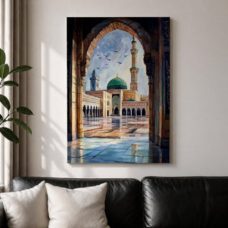 Painting of Masjid Nabawi in Medina seen through a grand stone archway, showing the iconic green dome, tall minaret, and reflective marble courtyard with birds flying above the sacred Prophet’s Mosque and detailed Islamic architectural arches framing the serene mosque complex.