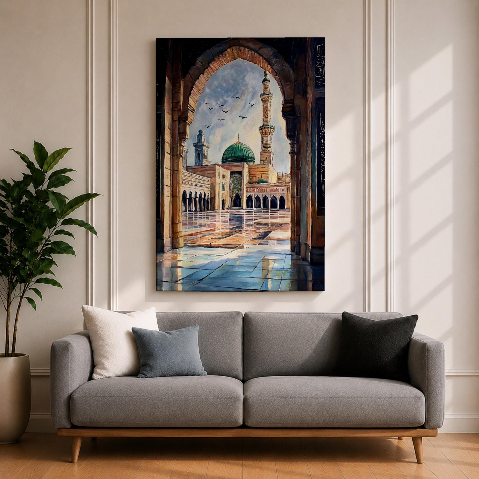 Painting of Masjid Nabawi in Medina seen through a grand stone archway, showing the iconic green dome, tall minaret, and reflective marble courtyard with birds flying above the sacred Prophet’s Mosque and detailed Islamic architectural arches framing the serene mosque complex.
