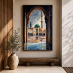 Painting of Masjid Nabawi in Medina seen through a grand stone archway, showing the iconic green dome, tall minaret, and reflective marble courtyard with birds flying above the sacred Prophet’s Mosque and detailed Islamic architectural arches framing the serene mosque complex.