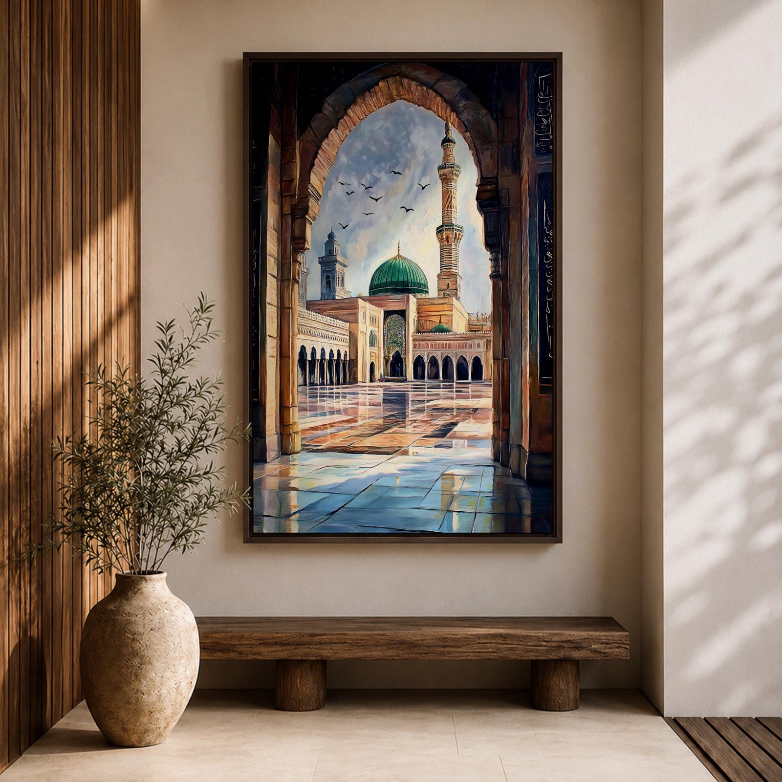Painting of Masjid Nabawi in Medina seen through a grand stone archway, showing the iconic green dome, tall minaret, and reflective marble courtyard with birds flying above the sacred Prophet’s Mosque and detailed Islamic architectural arches framing the serene mosque complex.