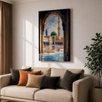 Painting of Masjid Nabawi in Medina seen through a grand stone archway, showing the iconic green dome, tall minaret, and reflective marble courtyard with birds flying above the sacred Prophet’s Mosque and detailed Islamic architectural arches framing the serene mosque complex.